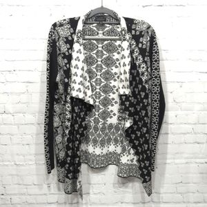 💚 Lucky Brand Black & White South Western Style Open Front Cardigan Sz. L